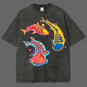 Neon Skeleton Shark Ray Ocean Creature Y2K Retro Art Vintage Washed Heavyweight Stone Wash Oversized T Shirt for Men Women Harajuku Streetwear Graphic Tee Casual Short Sleeve Crewneck Top Clothes Trendy Aesthetic Outfit Gym Pump Cover