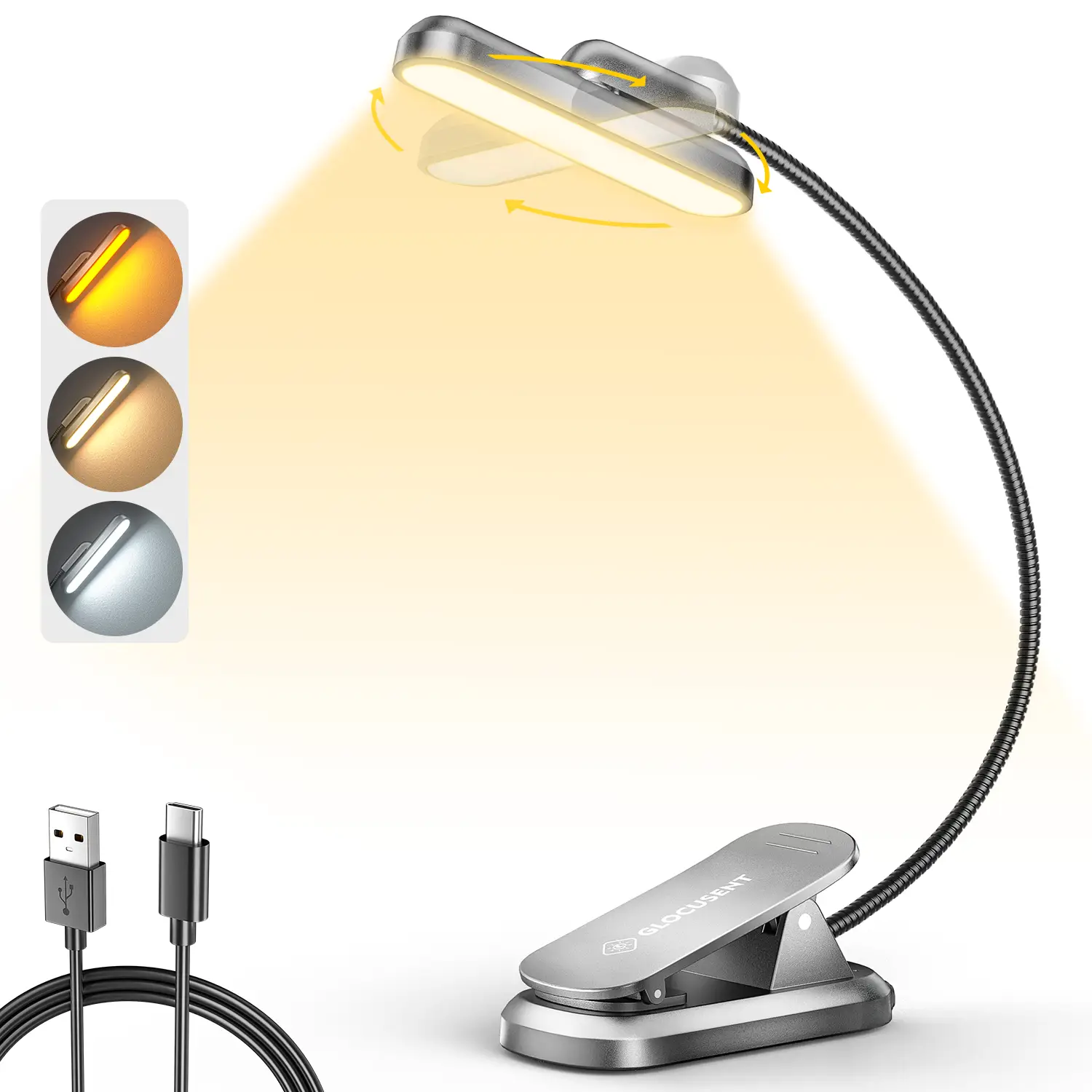 Glocusent Rotatable Reading Light, Portable Eye Protection, Bright 22LEDs, 3 Colors and 5 Adjustable Brightness, 1000mAh Rechargeable Reading Light, C