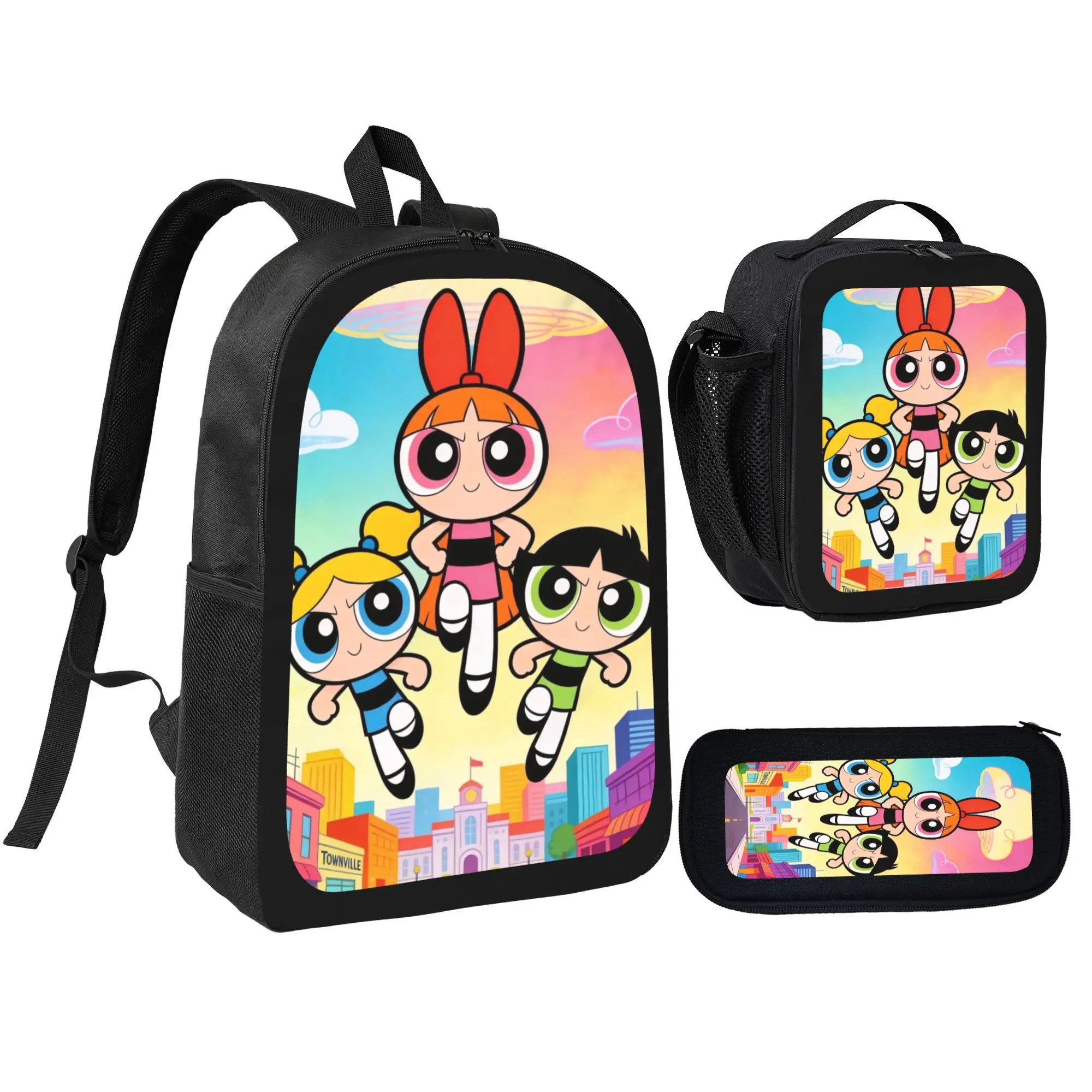 Powerpuff Girls Backpack 3 Piece Set for Girls, Cute Pink Heart School Bookbag with Insulated Lunch Box and Pencil Case, Kids Travel Daypack