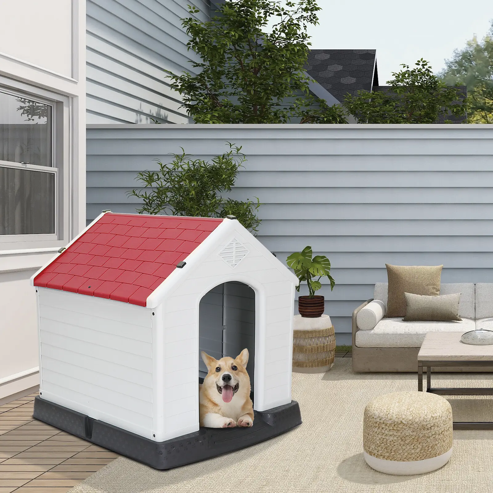 Pet Republic Plastic Medium-Small Dog House - 28” L x 26” W x 28” H, 14.8lbs, Waterproof Thermal Balance All-Seasons Shelter, Indoor-Outside Use, Red, Easy to Assemble for Up to 100lbs Dogs