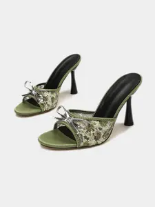 Women’s Bow Mesh Mule Heels Open Toe Slip On Sequin Floral High Heel Elegant Fashionable Sandals for Party Vacation Summer Outfits