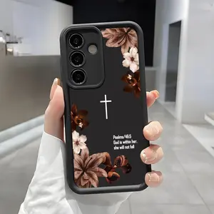 Vintage Floral Aesthetics Phone Case for Samsung Galaxy S21 S22 S23 S24 S25 S26 Ultra Plus FE A13 A14 A15 A16 A17 A33 A34 A35 A36 A52 A53 A54 Note20 with Enhanced Camera Protection Shockproof Skin-Friendly Soft Cover Christian Psalms 46:5 Cross Design