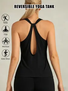 Women's Crew Neck Open Back Workout Tank Top, Moisture Wicking Breathable Activewear Sleeveless Basic Tee, Comfortable Fitness Yoga Running Top for Spring Summer