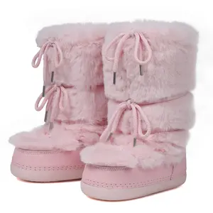 CELNEPHO Faux Fur Mid Calf Boots for Women Round Toe Wedge Heel Lace Design Cozzy Comfy Boot Easy Pull on Indoor Outdoor Snow Boot Gift Party Wear Dress Shoes