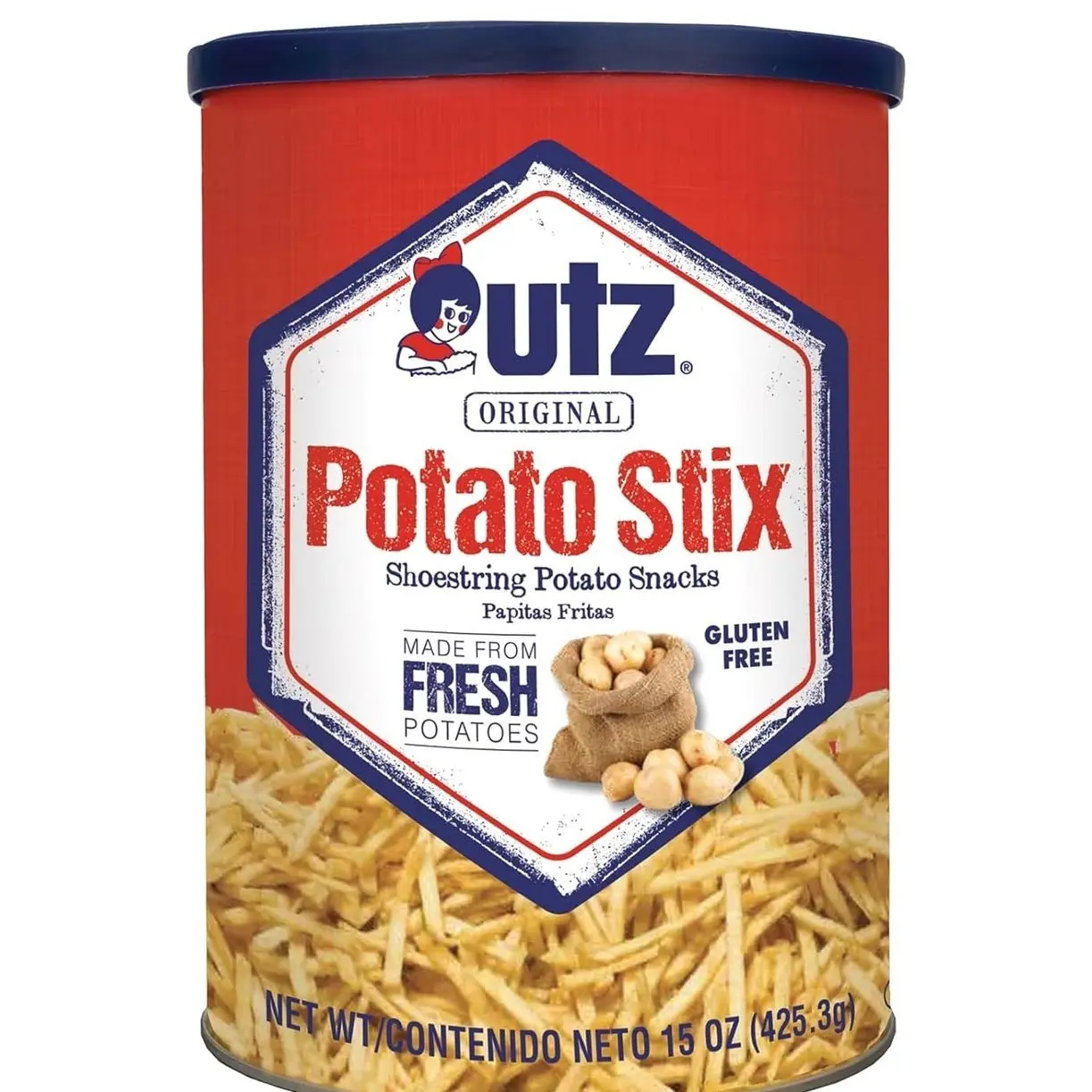 Utz Potato Stix, Original – 15 Oz. Canister – Shoestring Potato Sticks Made from Fresh Potatoes, Crispy, Crunchy Snacks in Resealable Container, Cholesterol Free, Trans-Fat Free, Gluten-Free Snacks
