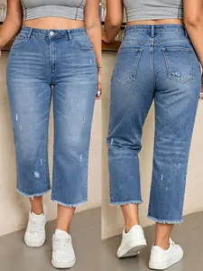 Summer Plus Size Light Blue Straight Leg Jeans, High Waist Slimming Denim Jeans, Frayed Hole Design, Pear Shape Fit, Lazy Wear Style