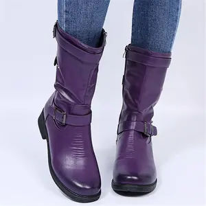 Women'S Equestrian Riding Boots |   Flat Wide Width Plus Size Genuine Mid Calf Boots, Y2K Fashion, Solid Color, French Heel, Pull-On Closure, Plain Toe, Upper and Inner, PVC Insole, Sole