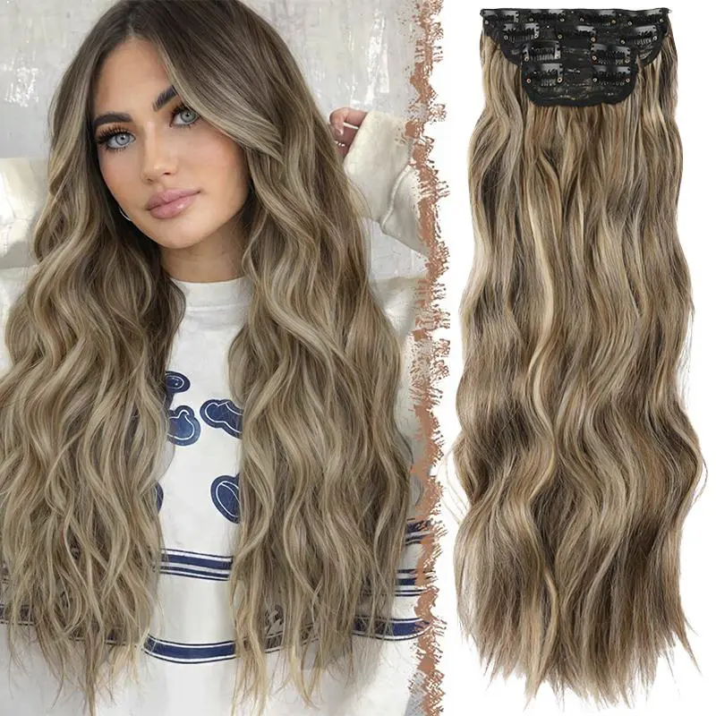 Clip in Hair Extensions 4 PCS Long Wavy Thick Clip-in Hairpieces Full Head Synthetic Hairpiece  Extension for Women Girls Daily Party Light Brown Mixed Ash Blonden 20 Inch