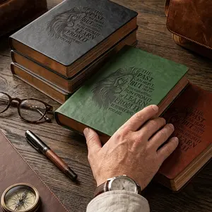 CAGIE Leather Journal for Men A5 Lined Notebook 256 Pages Soft Cover Vintage Lion Diary for Writing Bible Study Office School Gift 5.7 x 8.3 Inches Premium Paper Flat Lay Design