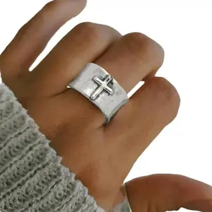 Unisex Minimalist Distressed Cross Wide Band Ring Stress Relief Meditation Lucky Fashion Accessory for Summer Vacation