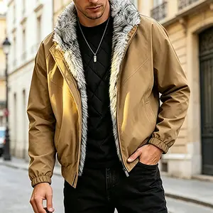 Men's Fleece Lined Bomber Jacket, Winter Warm Fluffy Fur Collar Quilted Inner Coat, Casual Windproof Elastic Cuff Zip Up Outerwear for Streetwear