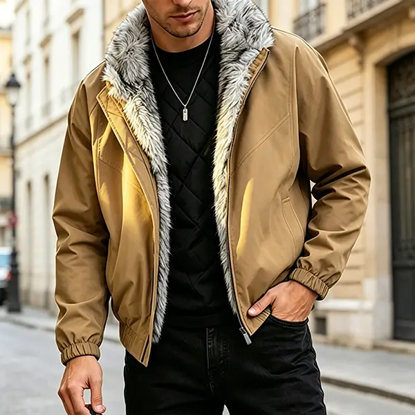 Men's Fleece Lined Bomber Jacket, Winter Warm Fluffy Fur Collar Quilted Inner Coat, Casual Windproof Elastic Cuff Zip Up Outerwear for Streetwear