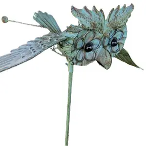 Whimsical Kinetic Metal Antiqued Green Owl Yard Stake Wind Spinner Whirly-Gig Windmill Garden Art Bird - 43" Tall
