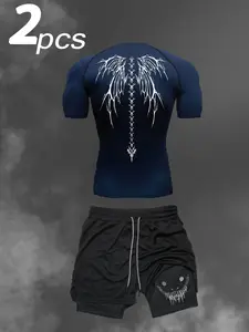 Men's Sportswear Set, Running Compression Quick-Dry Layer, Wings + Smiley Print, Short Sleeve Top & Tight Pants, Outdoor Sports Wear