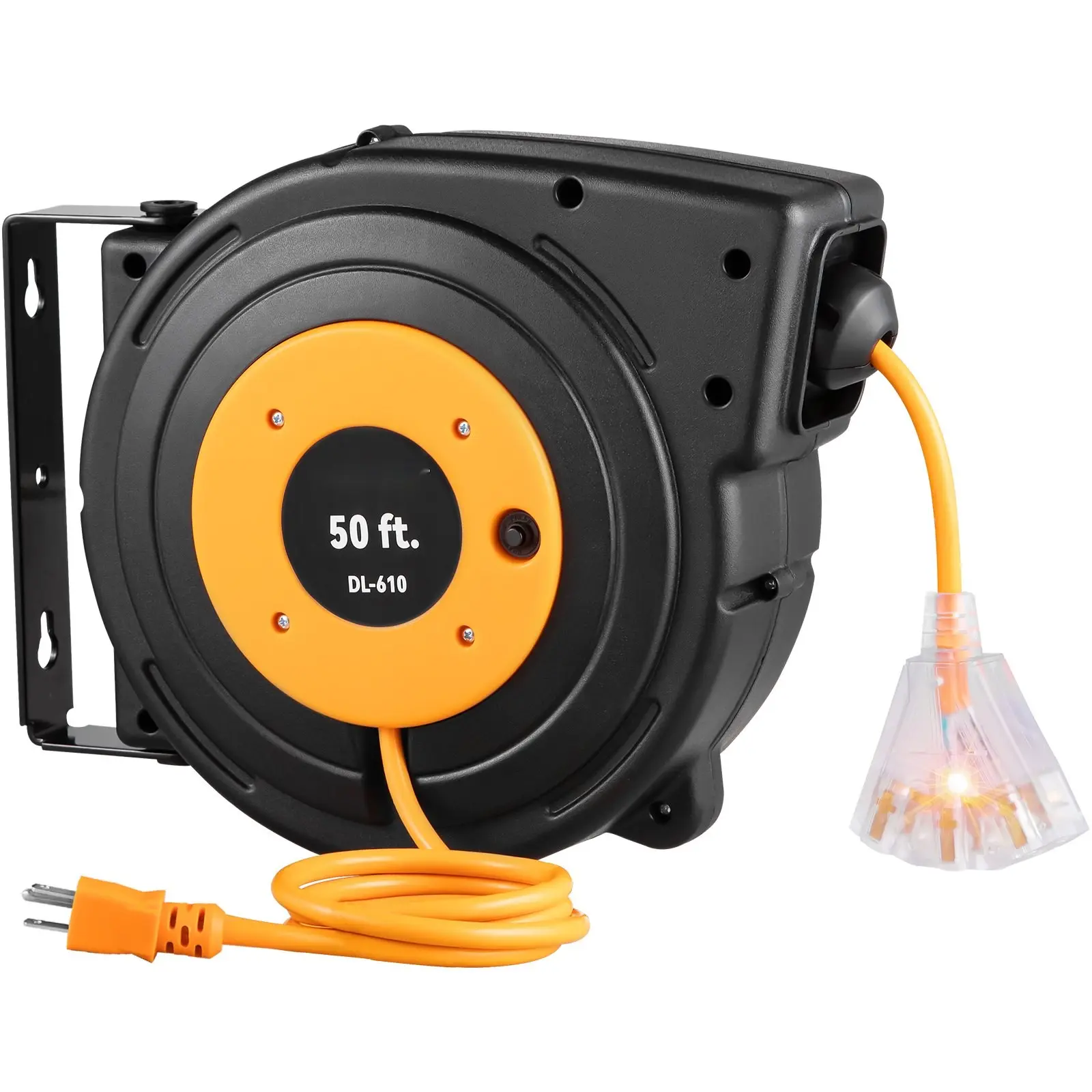50 Ft Retractable Extension Cord Reel With 14 AWG 3-Conductor SJTW Cable, Auto Rewind Power Cord Reel For Indoor Outdoor Use, Heavy Duty Cable Organizer For Workshop, Garage, Yard, And Job Sites