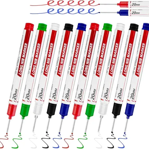 Long Handled Markers with 1.5mm Long Nibs for Deep Hole Marking, PP (Polypropylene) Carpenter Markers - Quick Dry, Waterproof, Smudge-Proof, Colorful, Ruler Side Compatible, 4/5/10-Pc Optional Packs for Woodworking, Office Stationery