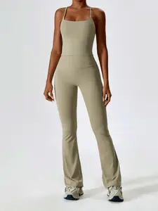 Women's Solid Criss Cross Backless Cami Top & Buttocks Line Design Flare Leg Pants Tracksuit Set, Stretchable Activewear, Yoga Gym Outfits, Leisure Wear, Workout Loungewear
