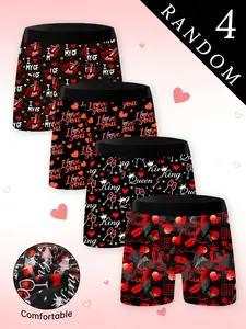 Men's Romantic Heart Print Boxer Briefs Set, 4 Pcs Mixed Pack, Breathable High Elasticity, Couples Style, All Seasons Underwear