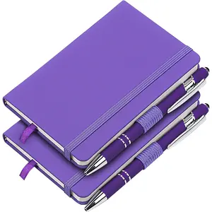 2 Pack Lined Pocket Notebook Small Journal with Pen, A6 Hardcover Notebook, 3.7"x5.5" Mini Notepad 100Gsm Thick Paper, pen holder (Purple)