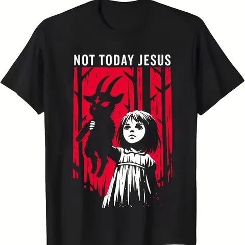 Women's Gothic Pure Cotton Round Neck Loose Breathable Comfortable Bold Graphic Tee - Bold Retro Wave, "Not Today Jesus" Baphomet Goat Design, Aesthetics Alt Clothing, Ideal Goth Gift