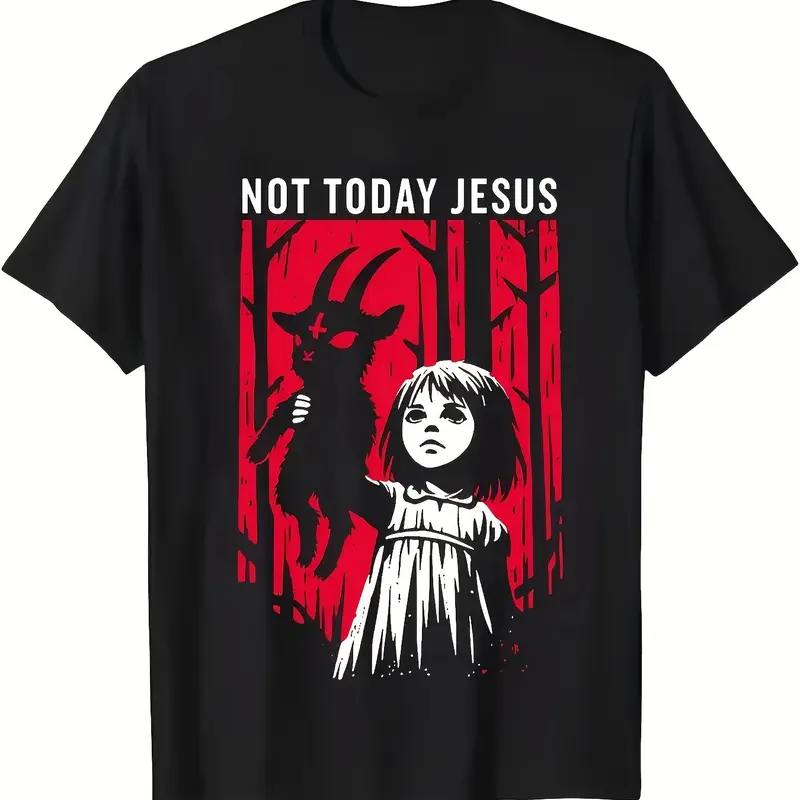 Women's Gothic Pure Cotton Round Neck Loose Breathable Comfortable Bold Graphic Tee - Bold Retro Wave, "Not Today Jesus" Baphomet Goat Design, Aesthetics Alt Clothing, Ideal Goth Gift