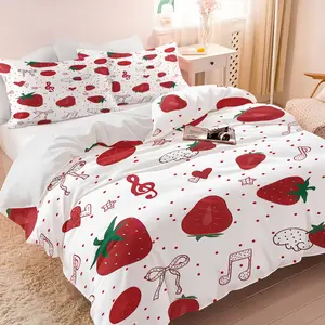 2/3Pcs Strawberry Duvet Cover Set, Cute Music Note Comforter Cover with 2 Pillowcases, Soft Breathable Bedding Set, Cartoon Fruit Print Bed Set for Girls Kids Teens for Bedroom Decor, All Season