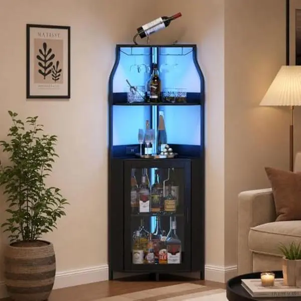 Corner Bar Cabinet with Doors, 5-Tier Industrial Liquor & Wine Cabinet, Modern Furniture with Adjustable Shelves & RGB LED Lights, Mini Bar for Home, Kitchen, or Coffee Corner