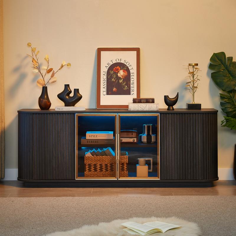 64-Inch Wavy TV Cabinet, Round Sideboard, Wooden Vertical Stripe Storage Cabinet, Aluminum Door Framed Tempered Glass Cabinet for Living Room/Bedroom/Entryway. Black