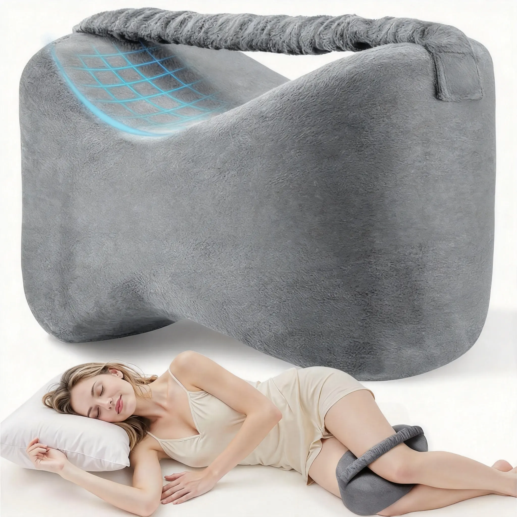 Knee Pillow for Side Sleepers with Strap, Supportive Memory Foam Leg Pillow for Side Sleeping & Spine Support, Ergonomic Curved Design for Hips and Back