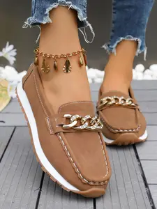 Women's Casual Sport Slip-On Shoes, 4 Colors Available, Comfortable Fashion Round Toe Low Top PU Leather Sneakers with Chain Decoration, Slip On Style