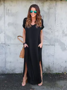 Women's Summer Homewear Sleepwear Long Dress Short Sleeve Casual Loose Long T-Shirt Dress Split Front Vacation Beach Dress Pockets