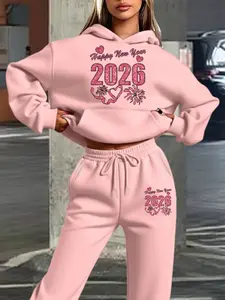 Women's Fall Winter Sportswear Set, Yoga Tracksuit Set, New Year Theme Hooded Sweatshirt & Long Pants, Casual Fitted Drawstring Design