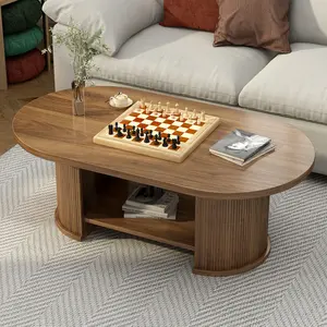 Oval Fluted Coffee Table, 47" Farmhouse Wood Coffee Table, Mid-Century 2-Tier Coffee Table with Storage Shelf, Accent Center Table with Dual Base, Boho Living Room Tables for Living Room Office,Walnut