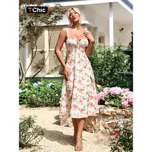 Women's Floral Print Lace Up Split Thigh Vintage Cami Dress, Boning Corset Milkmaid Dress, Boho Style Ruched Details Tie Front Sleeveless Midi Dresses Beach Holiday Vacation, Boho Sundresses, Bohemian Sleeveless