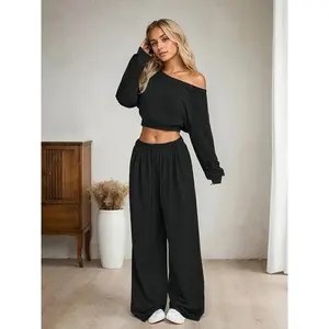 Elegant Women's Solid Color Off-Shoulder Asymmetrical Neck Short Sweatshirt and Drawstring Wide-Leg Pants Set, Polyester Blend, Machine Washable, Casual, Sports Pants