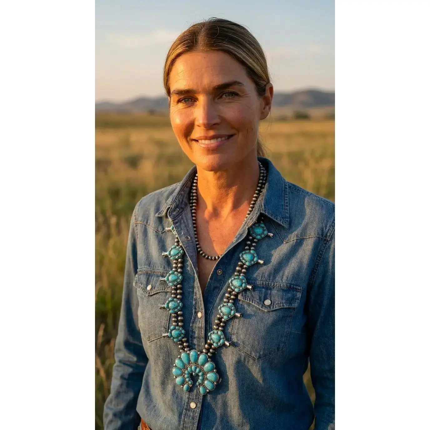 Western Huge Double-Strand Faux Turquoise Squash Blossom Statement Necklace — 32 Inch