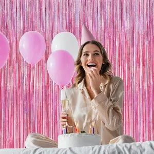 2 Pack Glitter Pink Backdrop, 3.28 FT x 7.05 FT Birthday Party Decorations, Laser Pink Fringe Curtains Foil Streamer Tinsel, Pink Curtains Photo Backdrop Happy Birthday Valentines Day Backdrop