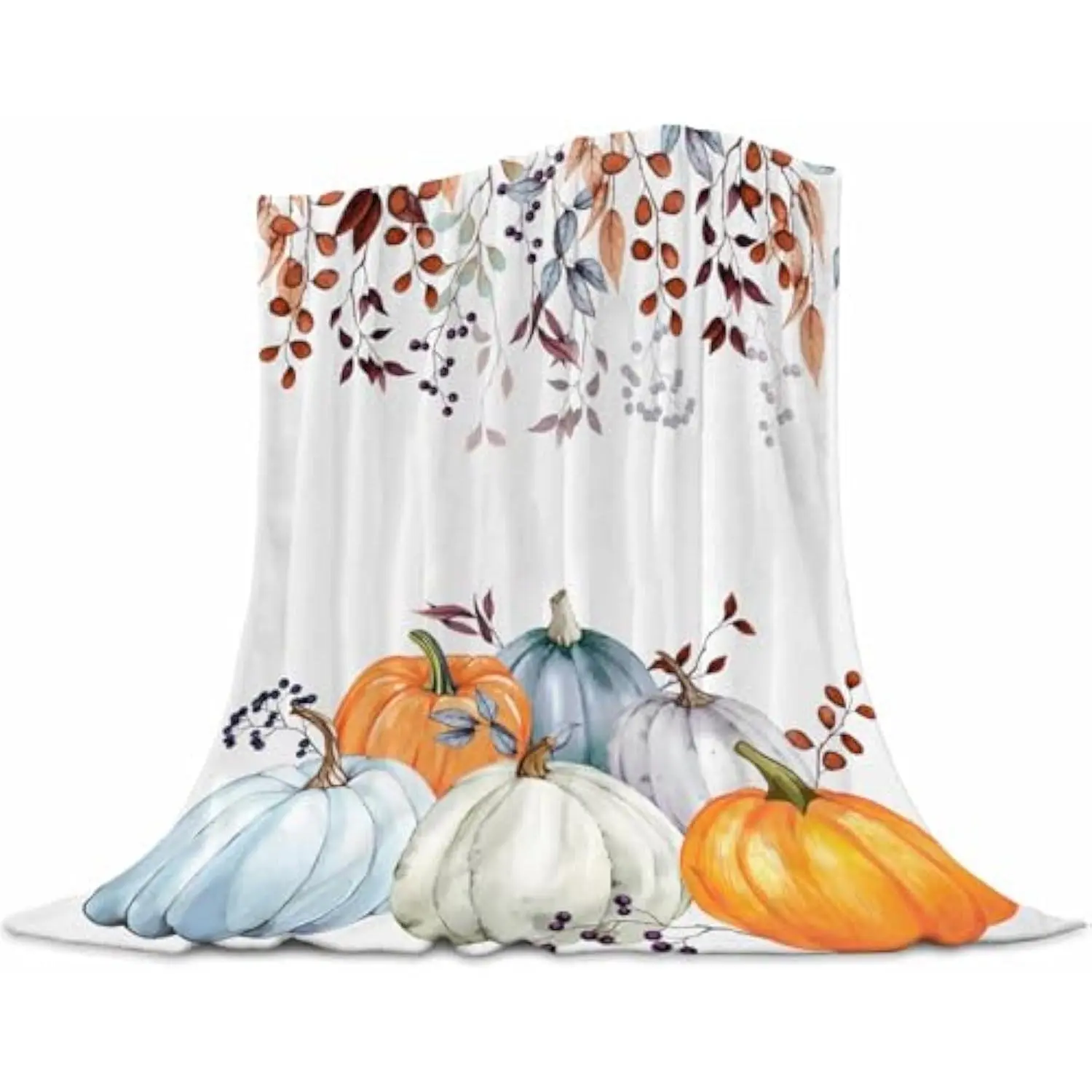 Eyesoul Flannel Throw Blanket - Soft Lightweight Flannel Blankets with Fall Thanksgiving Watercolor Autumn Pumpkins, Terracotta Eucalyptus Leaves Decor - Bed, Sofa, Travel, Soft Lightweight Blanket