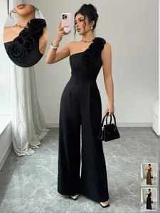 Women's Solid Color Jumpsuit, Elegant Sleeveless Wide Leg Jumpsuit, One Shoulder 3D Floral Decoration, Eye-Catching