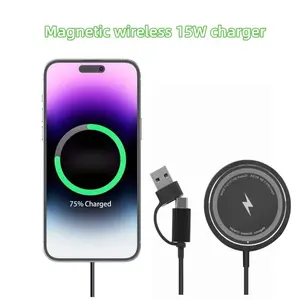 Magnetic Wireless Charger, 15w Fast Charging, Ultra-Thin Dual Interface USB-A & USB-C, 2-In-1 Design for Smartphones