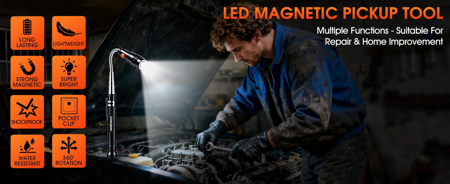 Extendable Magnetic Flashlight with Telescoping Magnet Pickup Tool-Cool Gadget Gifts for Men, Women, Him, Teen Boys, Husband, Dad, Father, Mechanic, Birthday Gifts for Men, Black