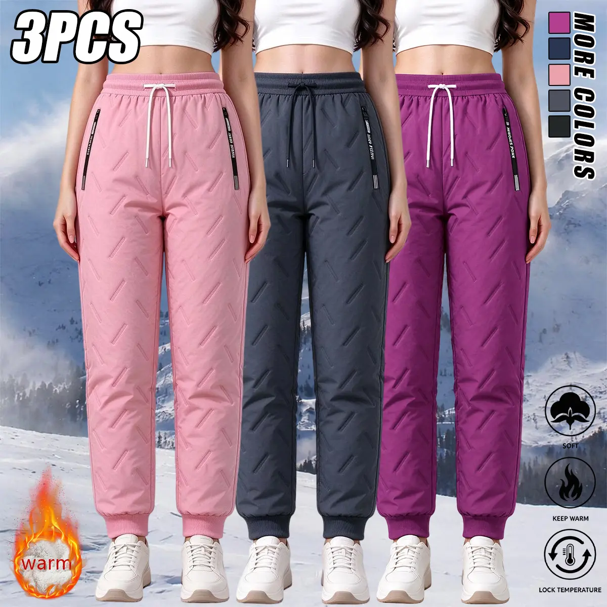 3-pack women’s fleece jogger pants, solid color, elastic drawstring waistband, fleece-lined and thickened for added warmth, suitable for winter outdoor activities and everyday wear; women’s winter fleece outerwear jogger pants with thickened lining for wa