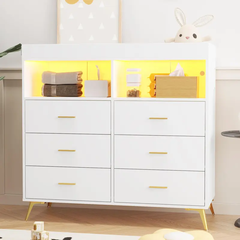Modern 6-Drawer White Nursery Dresser with Baby Changing Table Top, Changing Pad, LED Lights, and Built-In Charging Station, Modern Dresser, Dresser With Drawers