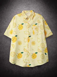 Men's Lemon Print Button Front Shirt, Casual Short Sleeve Pocket Collared Top for Summer, Fashion Men's Clothes for Beach Vacation