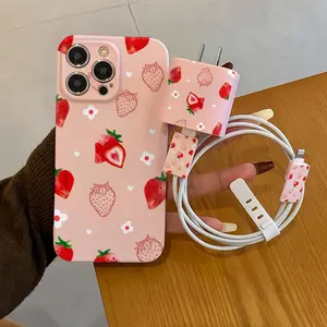Cute Strawberry Pattern Phone Case with Cellphone Charger Head Cover & Cable Protector & Storage Rope, Anti-drop Protective Phone Case for iPhone, Casing, Accessories