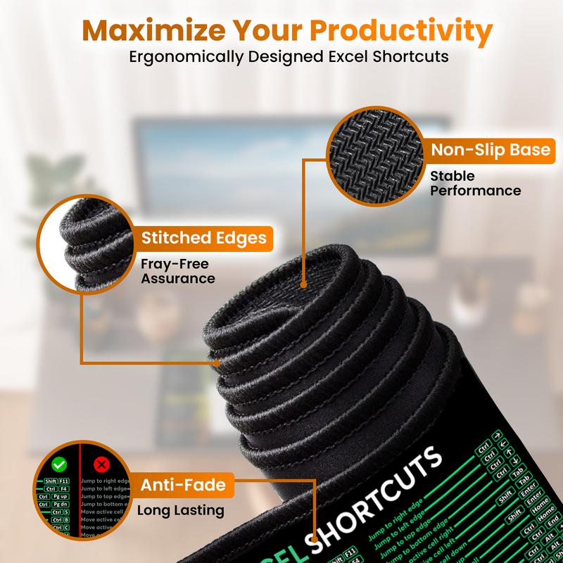 Word/PPT/Excel Shortcuts Mouse Pad - Extended XL Office Keyboard Mat, Excel Mouse Pad Shortcuts, Stitched Edges | Non-Slip Base excel Cheat Sheet Desk Pad (31.5x11.8) Inch
