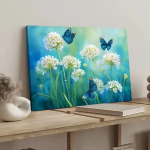 1 count wooden frame canvas, "faint blue butterfly shadow with plain flower" poster, flower sea pattern, fashion family poster, exquisite bedroom mural, modern art decoration, suitable for corridor wall decoration, ideal gift, waterproof, printing
