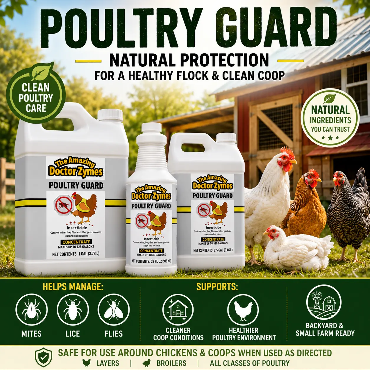 Poultry Guard Concentrate - #1 All-Natural Solution to Prevent Disease, Eliminate Harmful Insects, Fungus, Bacteria & Ammonia Odor on Birds and Coops