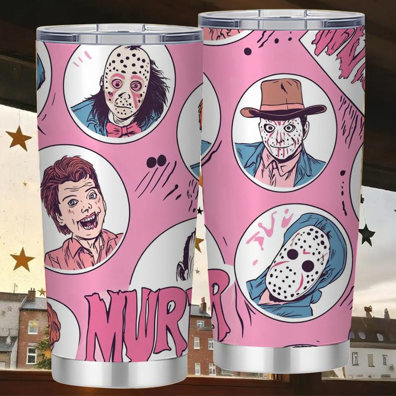 Sinister Clown Gang Tumbler - 20oz Insulated Mug with Pennywise-Inspired Horror Crew Artwork, Blood Splatter Background for True Horror Fans