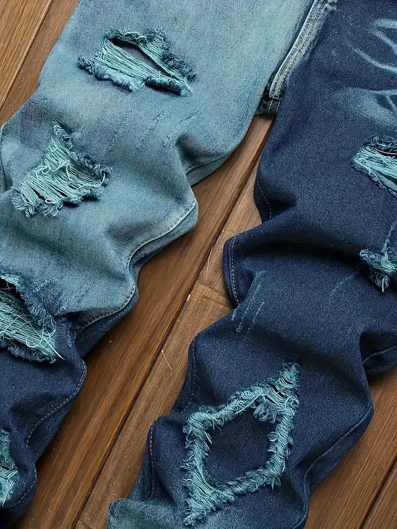 Men's Color Block Ripped Denim Jeans - Breathable, Slim-fit, Mid Waist Casual Cotton